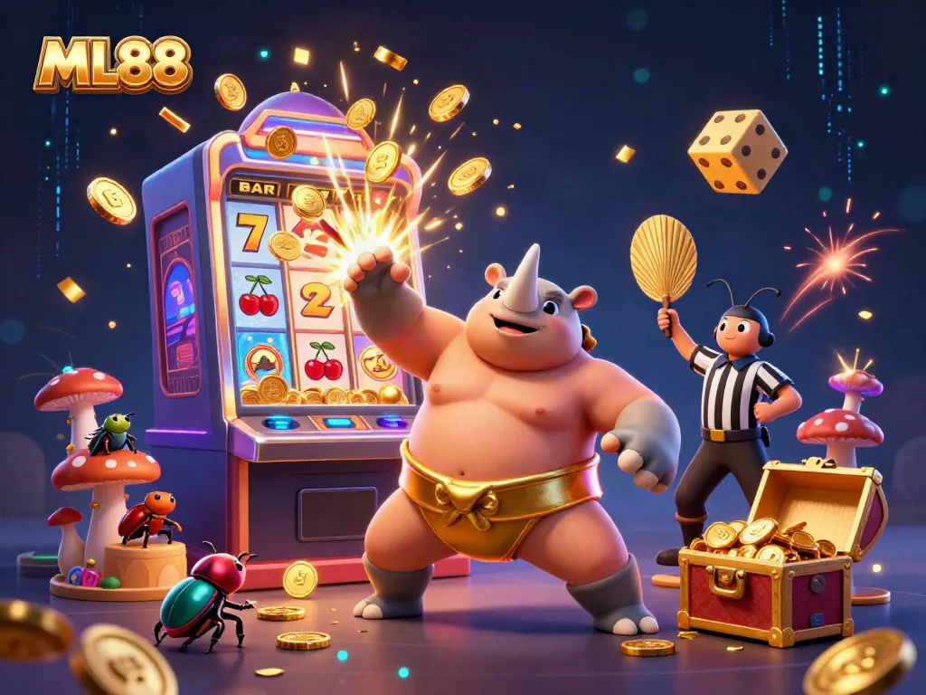 Experience thrilling gameplay at ML88 with a captivating 3D illustration showcasing a sumo beetle champion amid vibrant casino elements.