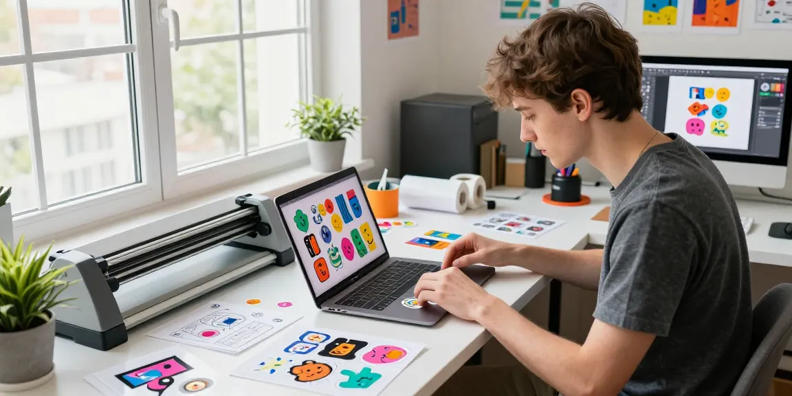 Custom stickers artistically displayed in a vibrant studio setting with various colorful designs and tools.