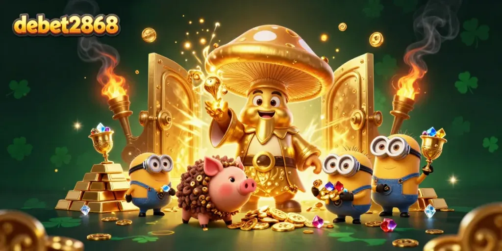 Experience winning magic with debet2868's enchanting golden wizard and treasure in this 3D casino illustration.