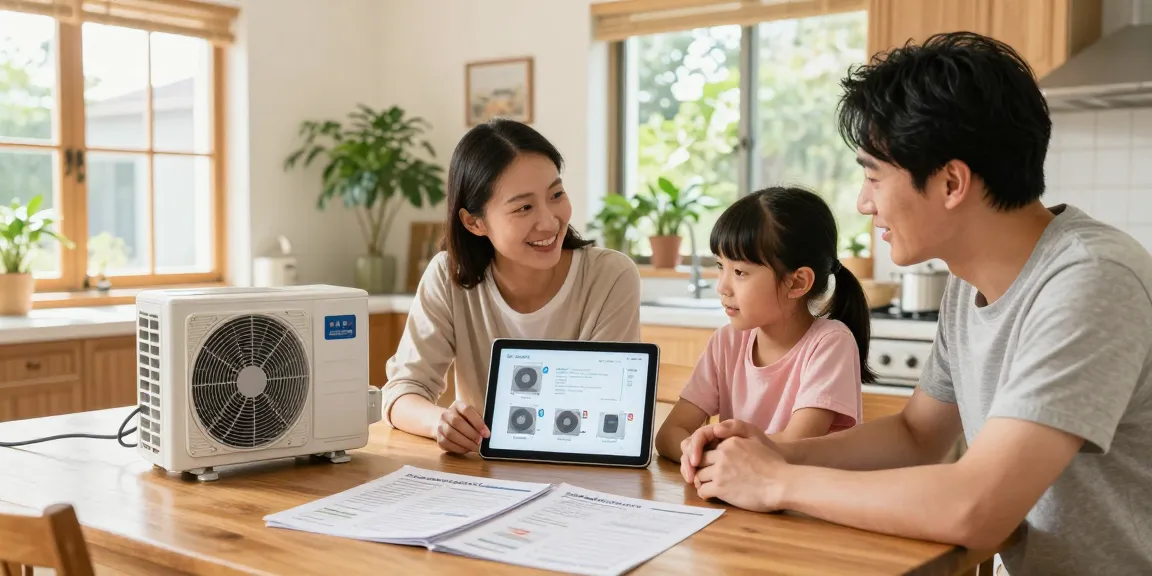 Engaged family discussing options to wärmepumpe kaufen with documents in a bright kitchen.