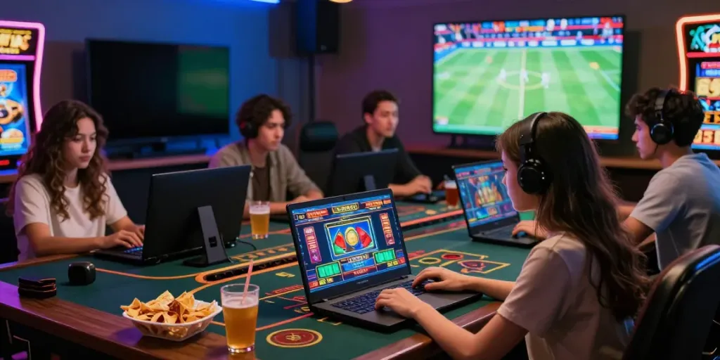 Players enjoying diverse gaming experiences at https://ta88.network/ in a lively, colorful online casino atmosphere.