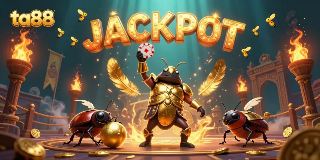Experience the thrill of ta88 with a vibrant scene showcasing a victorious hercules beetle amid casino elements.