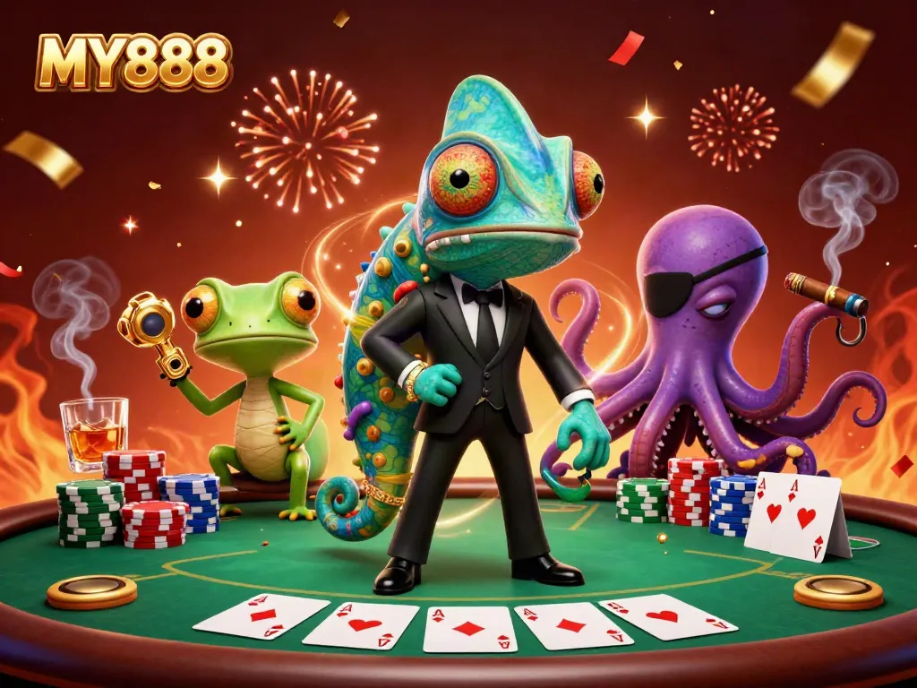 Engage in thrilling poker action at MY888 with dynamic casino characters and vibrant atmosphere.
