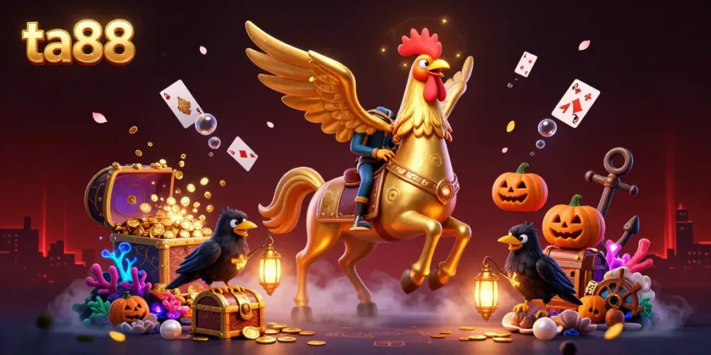 Engage with ta88's vibrant casino scene featuring a golden rooster riding a spectral horse amidst treasures and lanterns.