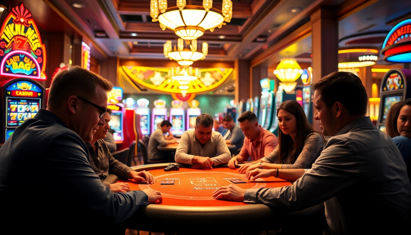 Bei casinospielen konzentrierte Spieler an einem Pokertisch mit bunten Maschinen und lebhaften Lichtern.