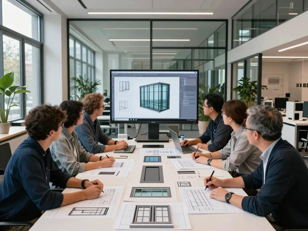 Kollaborative Fachleute erkunden innovative Fensterbau-Designs in einem hellen Architekturstudio.