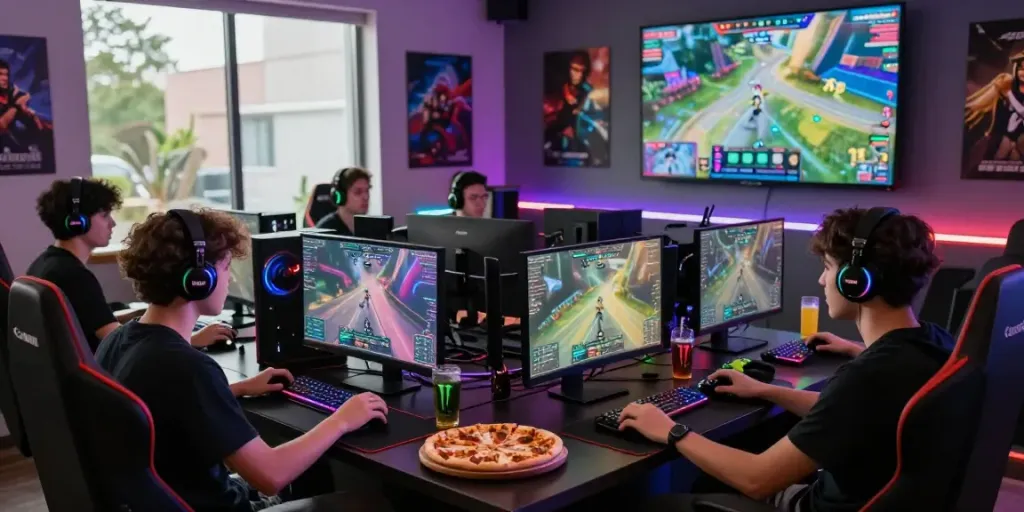 Exciting gaming lounge scene with friends enjoying rokok88 link alternatif and intense gameplay.