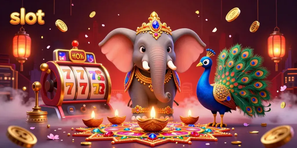 Experience thrilling slot action with vibrant elephant and peacock against a casino backdrop.