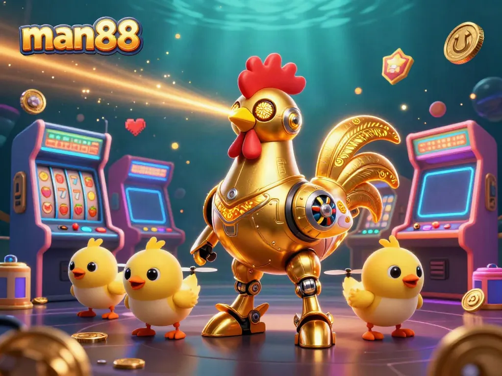 Experience thrilling casino action with man88's vibrant golden rooster robot and dynamic game elements.