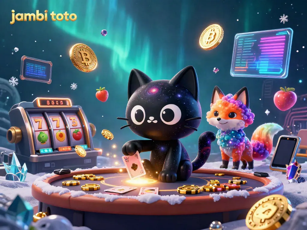 Experience the excitement of jambi toto with a cosmic casino scene featuring a black hole cat pulling in golden chips and cards.