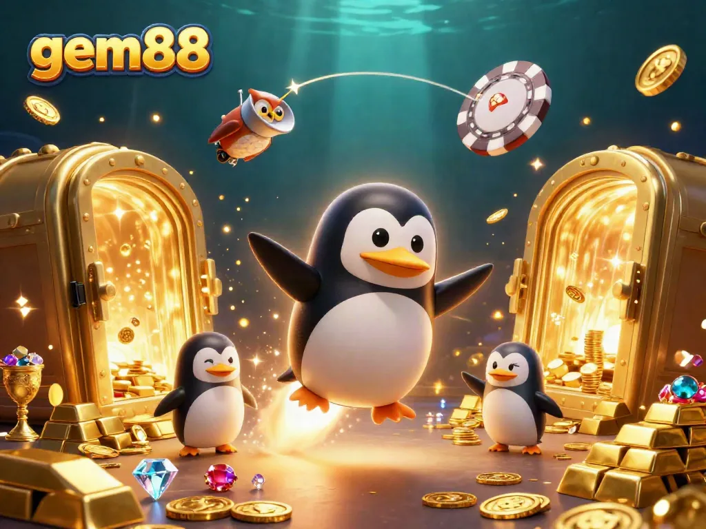 Experience thrilling wins at gem88 with a golden penguin racing through a vibrant casino universe.