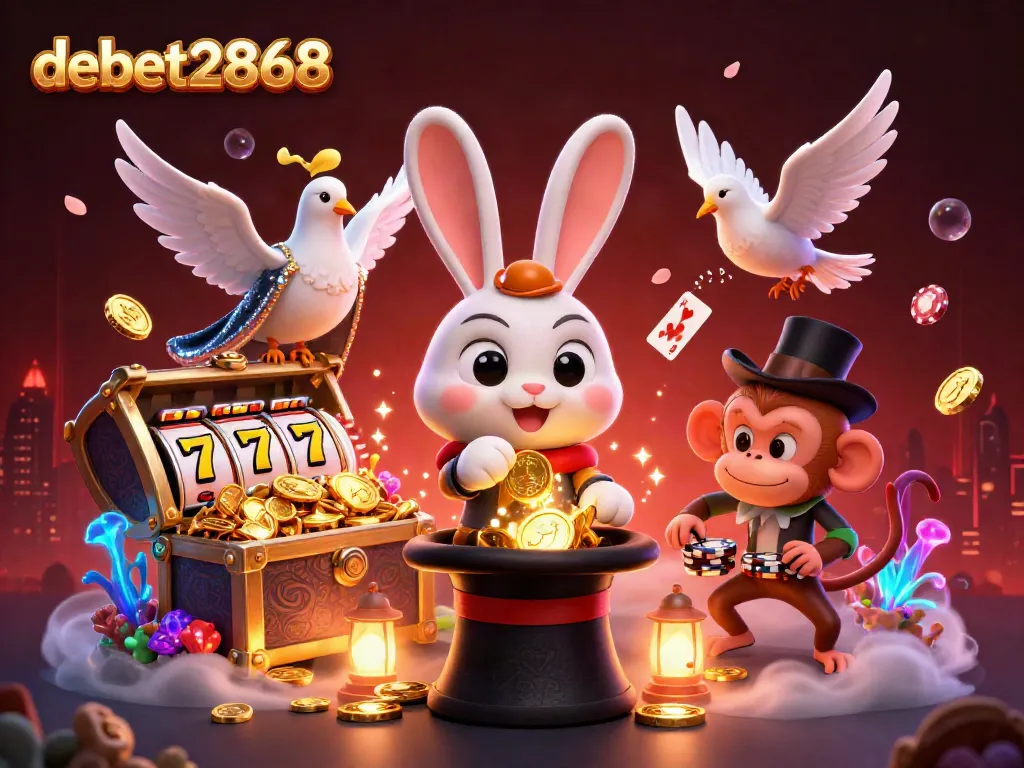 Experience the magic of debet2868 with a playful scene featuring a magician rabbit, dove, and monkey amidst coins and cards.