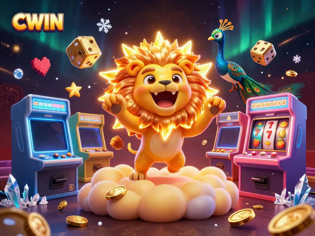 CWIN showcases vibrant 3D animation with a roaring lion and dynamic casino elements, highlighting excitement.