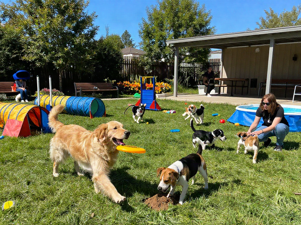 Happy dogs playing at daycare, showcasing slot88 services in a vibrant outdoor setting.