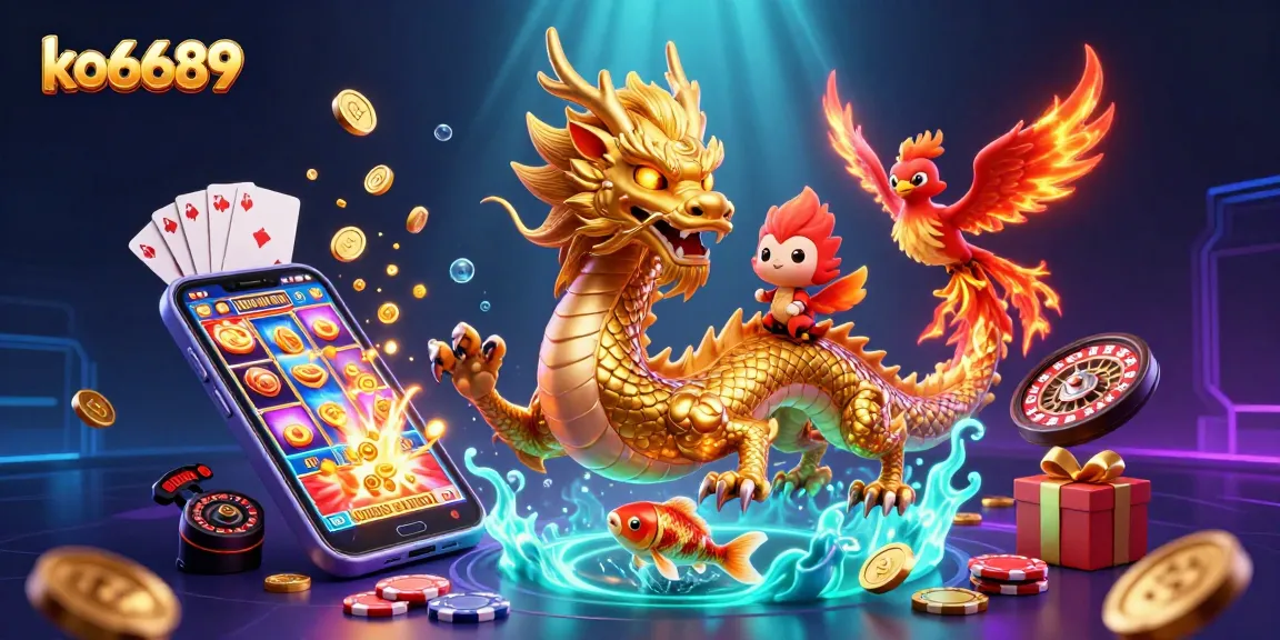 Engage with ko6689 through a vibrant 3D casino scene featuring a dragon and phoenix amidst excitement.