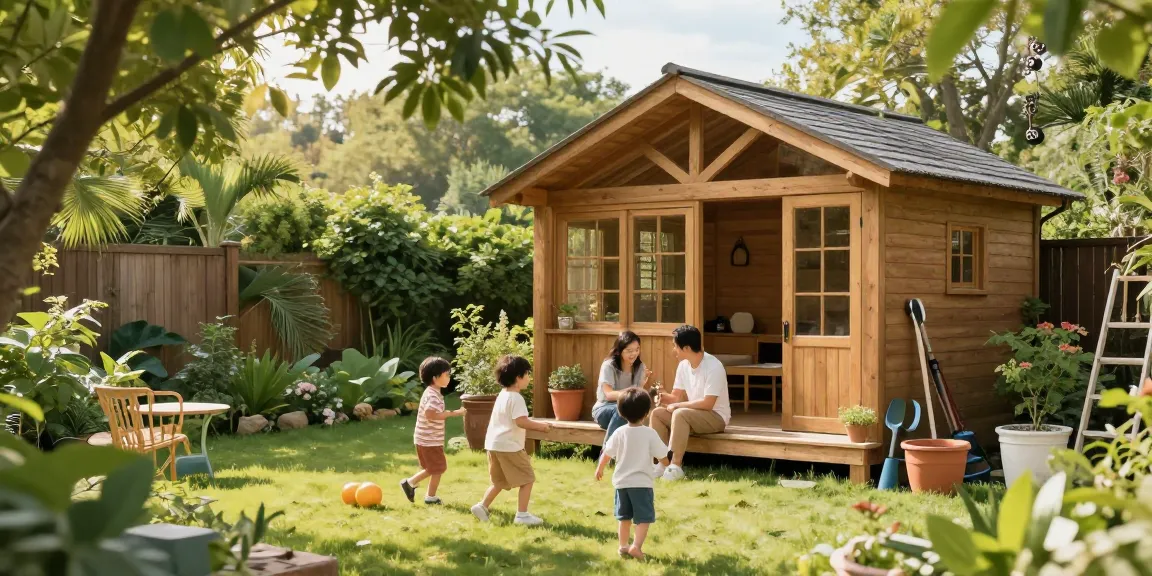 Gartenhäuser aus Holz im Garten mit Familie und Spielzeug unter Sonnenschein.