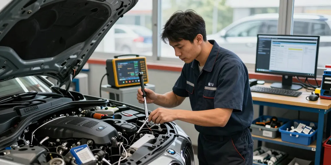 BMW Werkstatt-Techniker inspiziert den Motor in einem professionellen Auto-Servicezentrum.