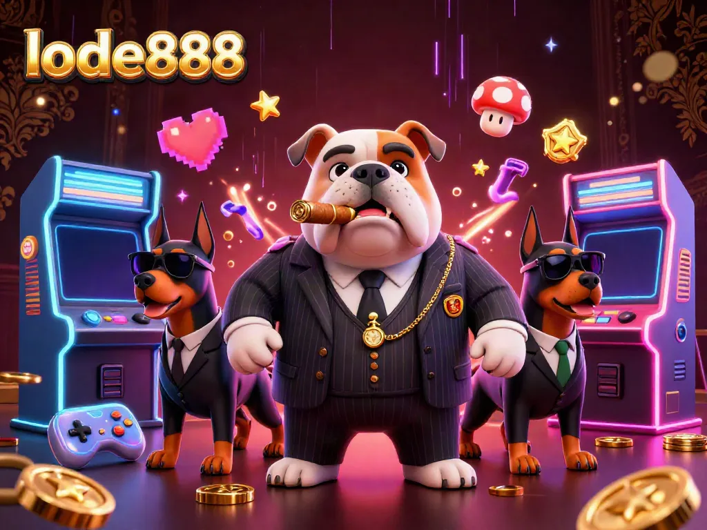 Experience the excitement of lode888 with a cartoon mafia boss and bodyguards amid vibrant casino elements.