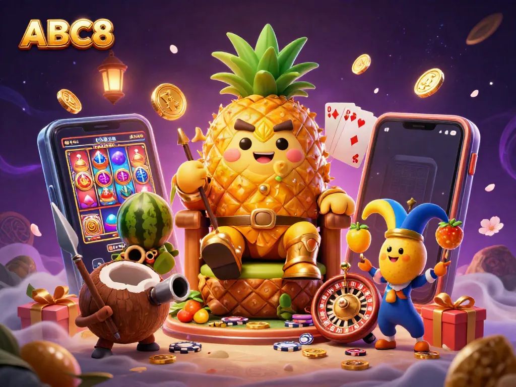 Play slot games and win prizes with ABC8's vibrant beach casino featuring golden pineapple king and charming characters.