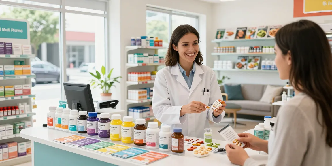Medi Pharma Shop, der eine einladende Apothekenumgebung zeigt, in der Kunden Gesundheitsprodukte erkunden und fachkundige Beratung erhalten können