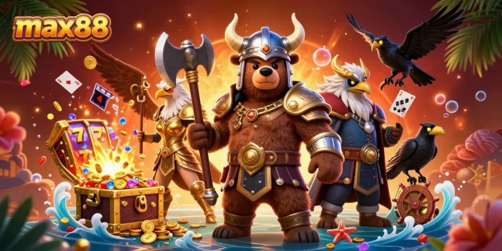 Experience the thrill at max88 with a Viking bear and Valkyrie eagle amid dynamic gaming elements.