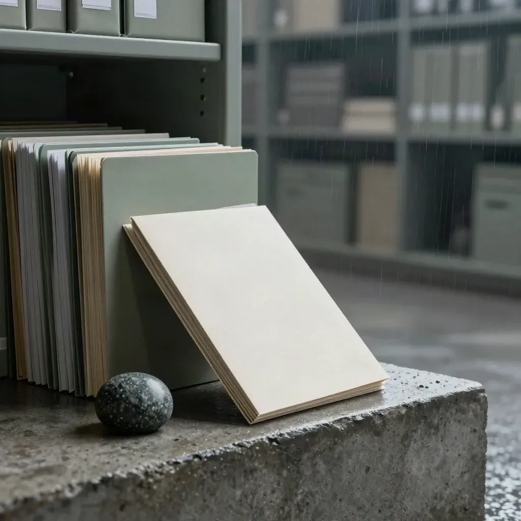 Recherchemappen, Registerboxen und ein Steinpapiergewicht auf dunklem Sockel im Regennebel.