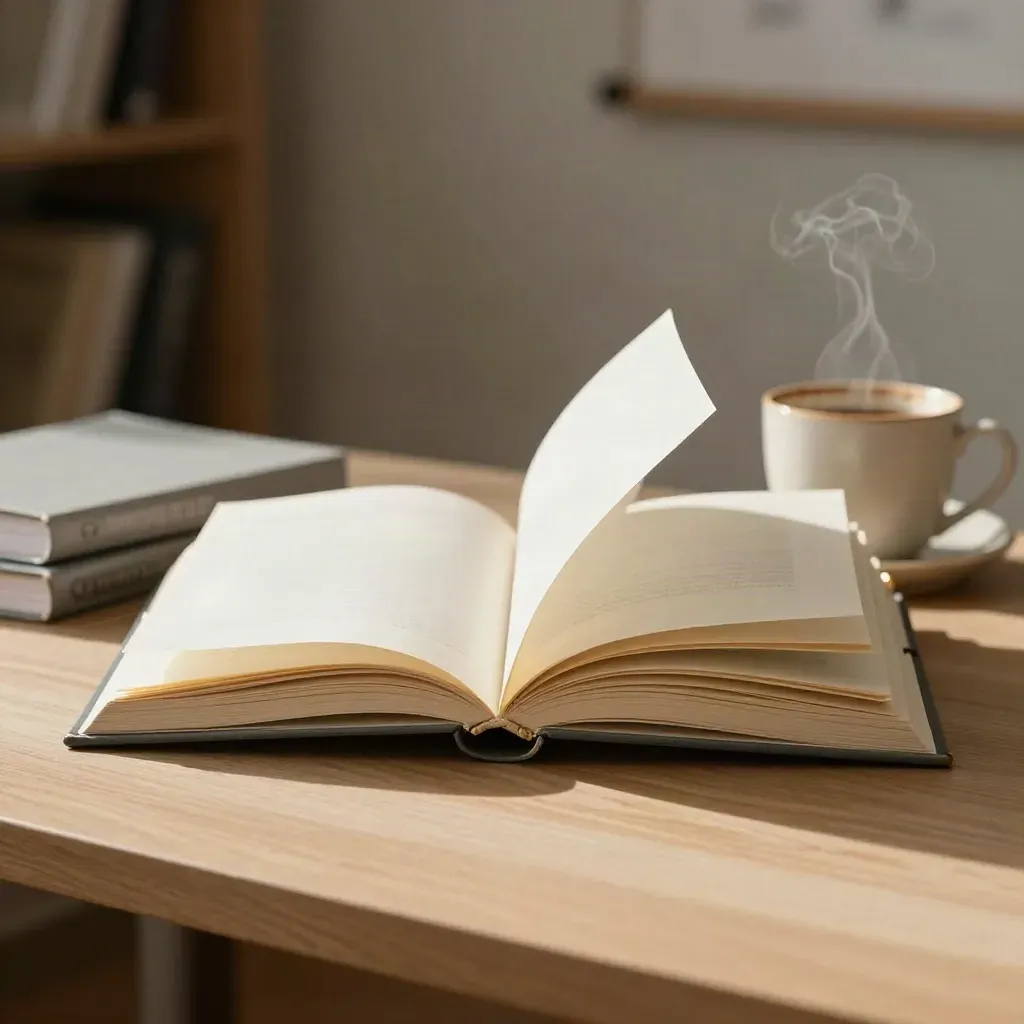 Offenes Dossier mit Quellenstapeln und Kaffeetasse im warmen Fensterlicht.