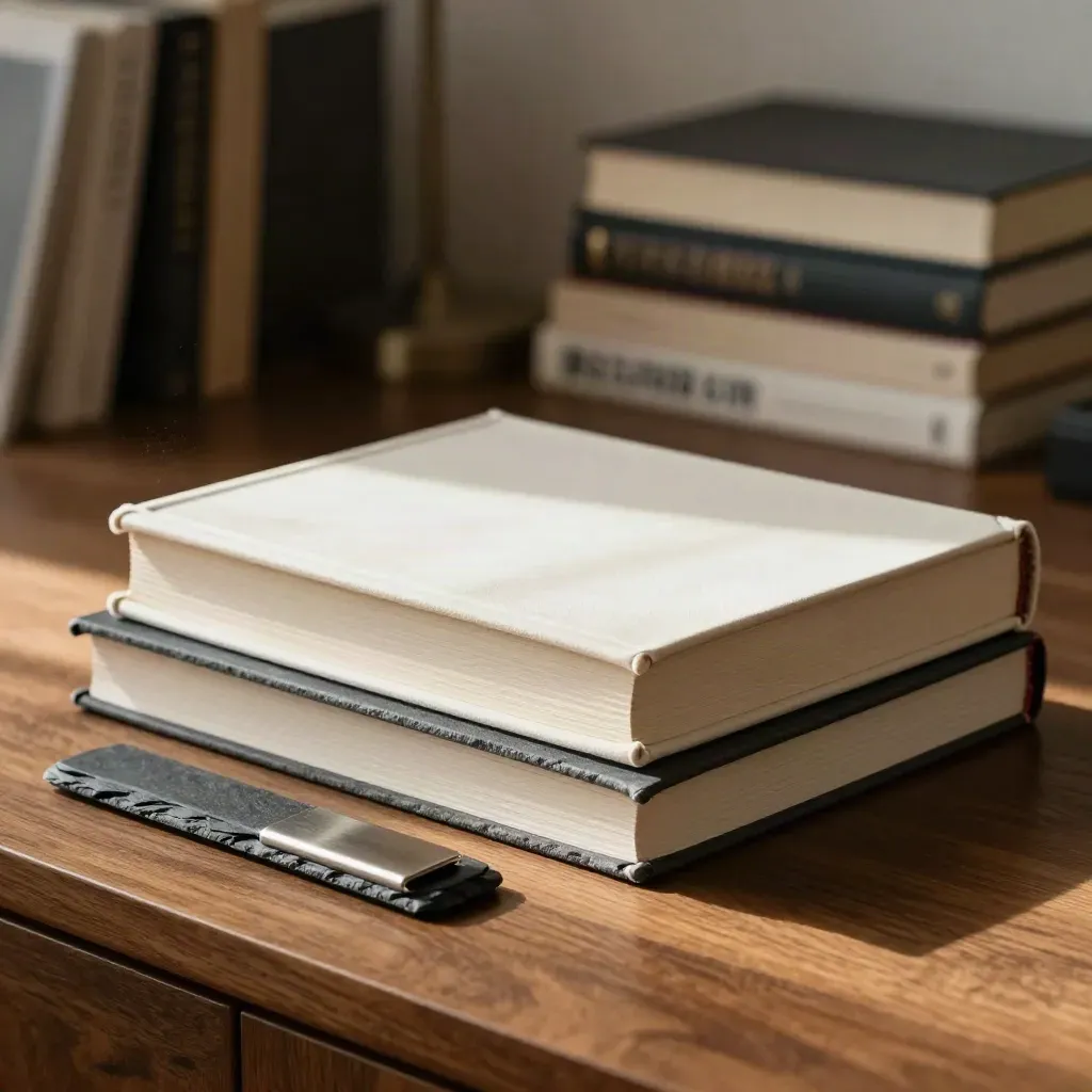 Zwei geschlossene Bücher mit Markerblock und schwerem Clip auf warmem Holztisch im Seitenlicht.