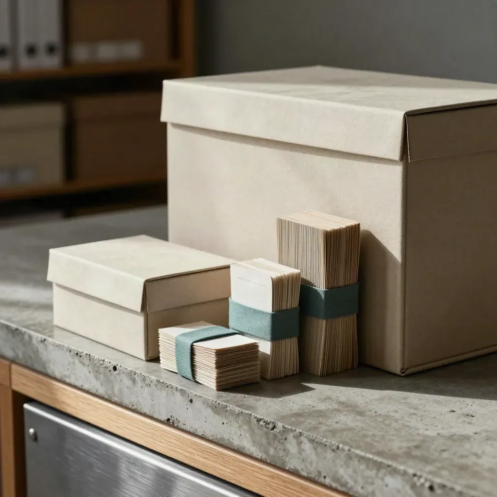 Archivboxen und Karteibündel in einer ruhigen Sortierszene mit warmem Seitenlicht.