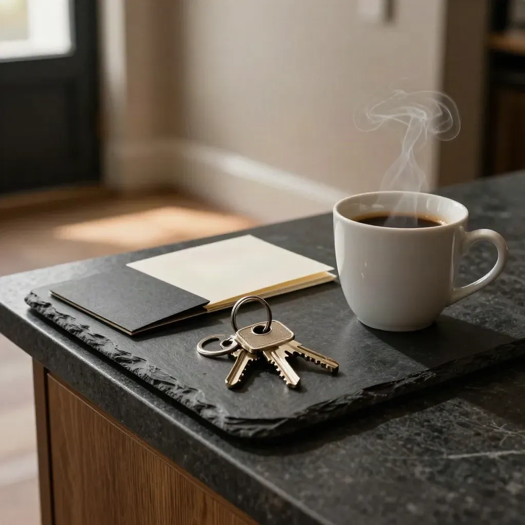 Ablage-Tablett mit Schlüsseln, Kartenhülle, Notiz und Tasse im warmen Morgenlicht