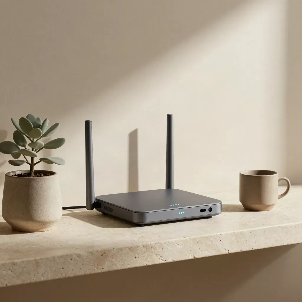 Minimalistischer Router mit Kabelschlaufe, Pflanze und Tonbecher auf Steinsims im weichen Licht.