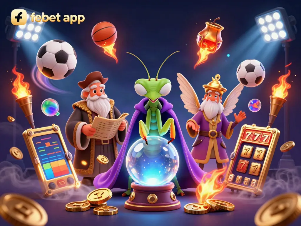 Experience the thrill of betting with febet app in this vibrant casino scene filled with dynamic sports elements and mystical characters.