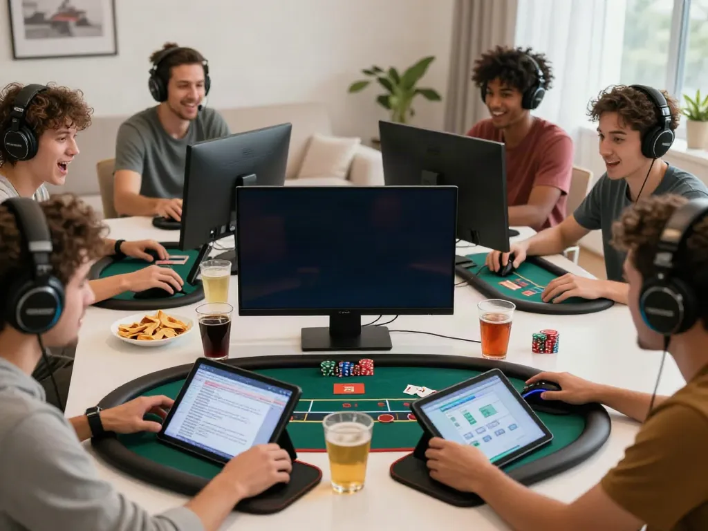 Excited friends enjoying a poker game at home, showcasing the engaging atmosphere of https://nbet.group/ gaming.
