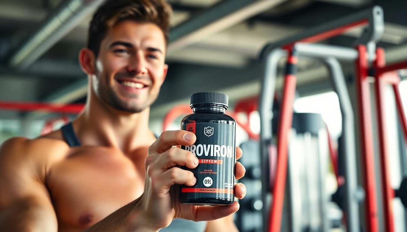 Proviron kaufen: Fit male model promoting testosterone supplements in a dynamic gym setting.