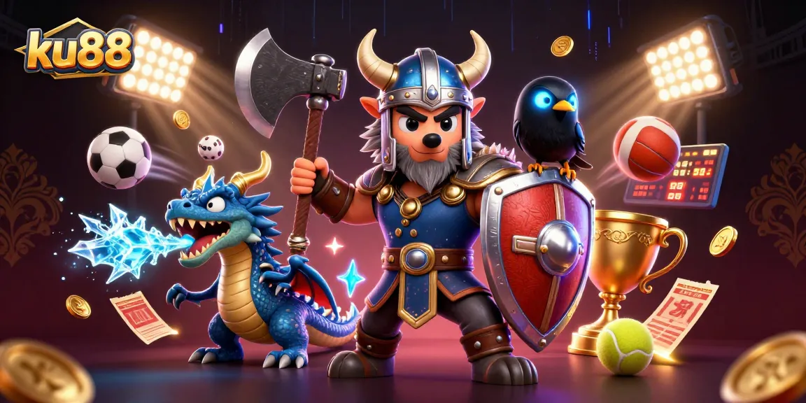 Join the fun at ku88 with this epic casino illustration featuring a Viking warrior, dragon, and sports elements.