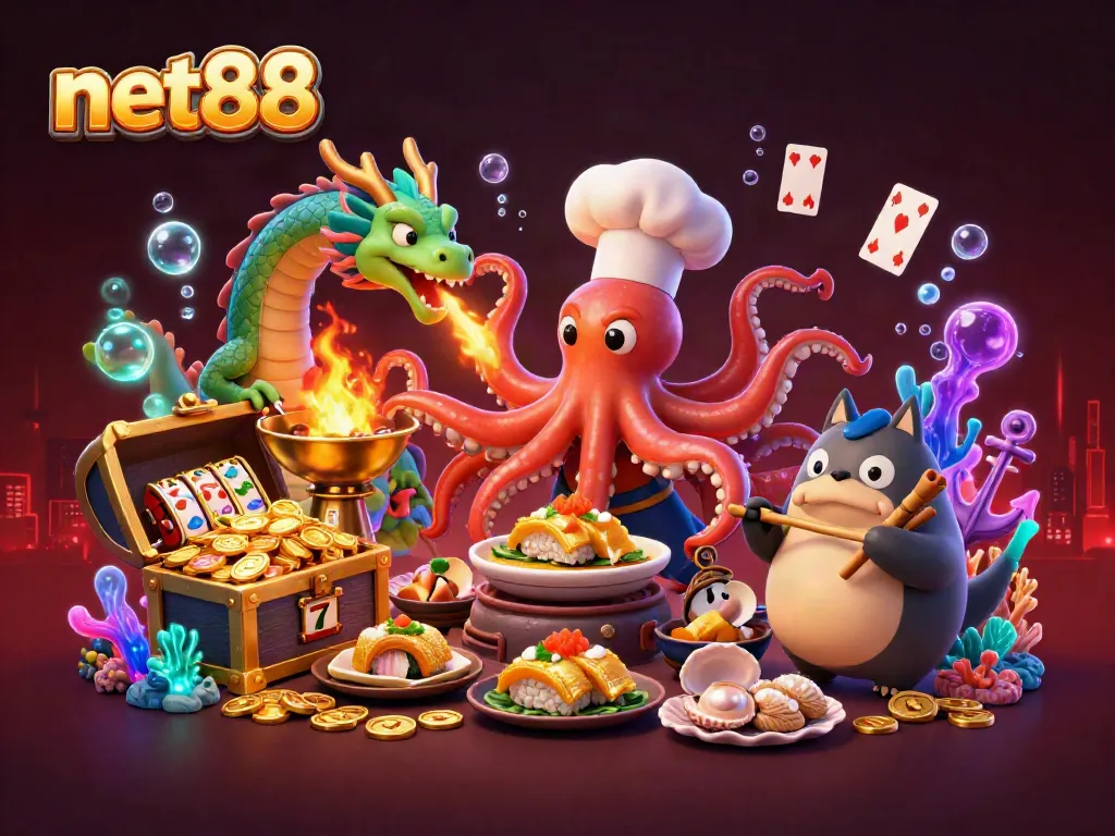 Experience exciting gameplay at net88 with an energetic 3D scene showcasing vibrant gambling elements.