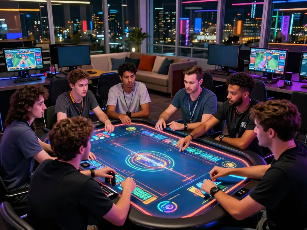 Diverse group enjoying online gaming at Man88's futuristic casino platform.