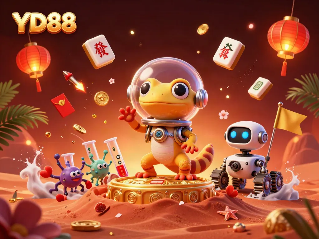 Experience thrilling gameplay at the YD88 online casino with vibrant 3D Martian gecko and exciting casino elements.