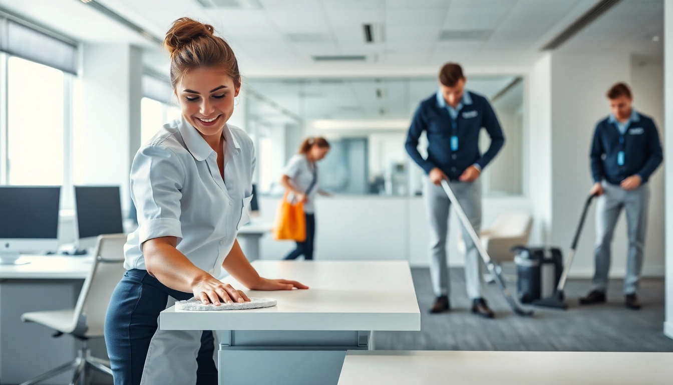 Efficient Gebäudereinigung Ulm während der Arbeit in einem modernen Büro.