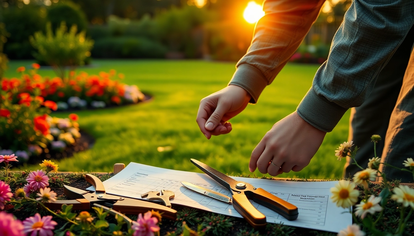 Galabauer bei der Arbeit im Garten, umgeben von bunten Blumen und grünem Rasen.