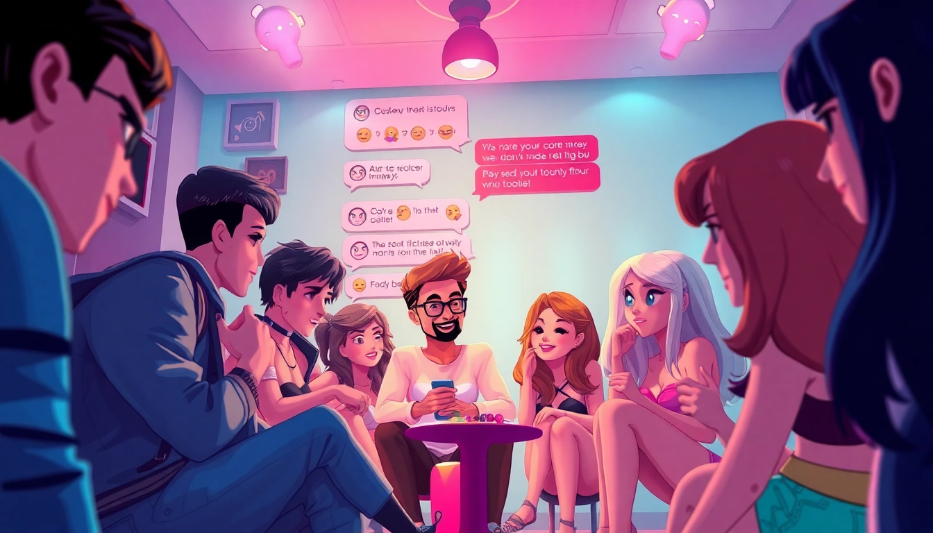 Engaging NSFW chat interface with diverse characters interacting playfully.