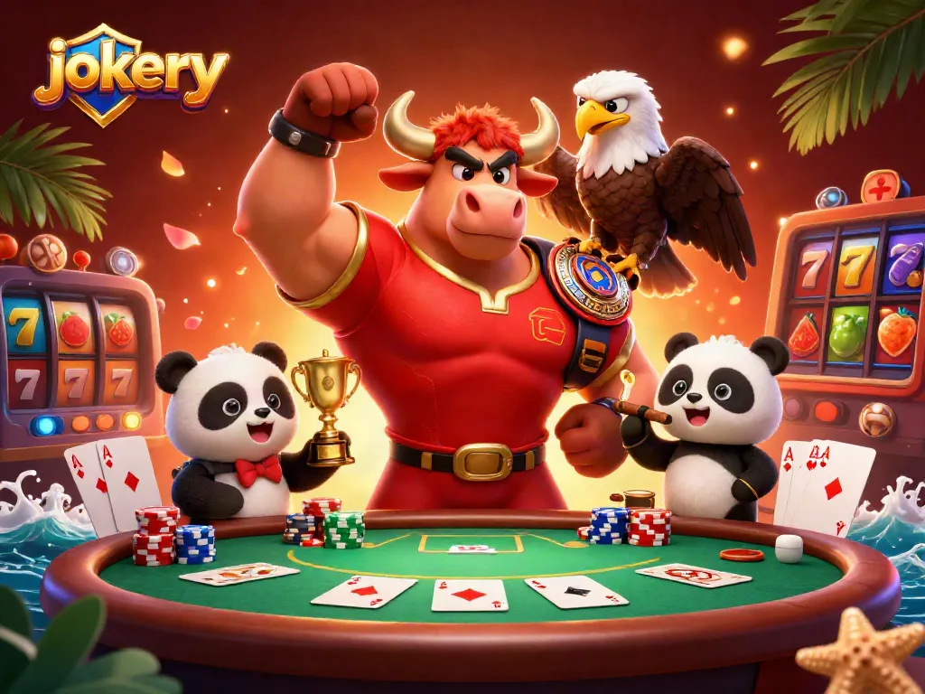 Experience the excitement of jokery with a lively casino scene featuring a bull mascot and more.