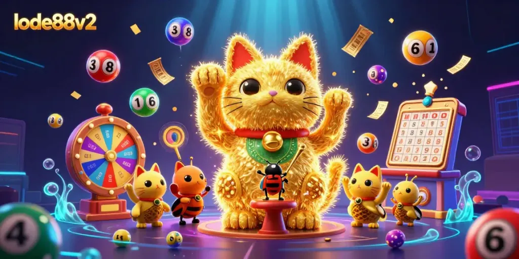Engage in gameplay with vibrant lode88v2 characters surrounded by colorful lottery elements in a dynamic casino scene.