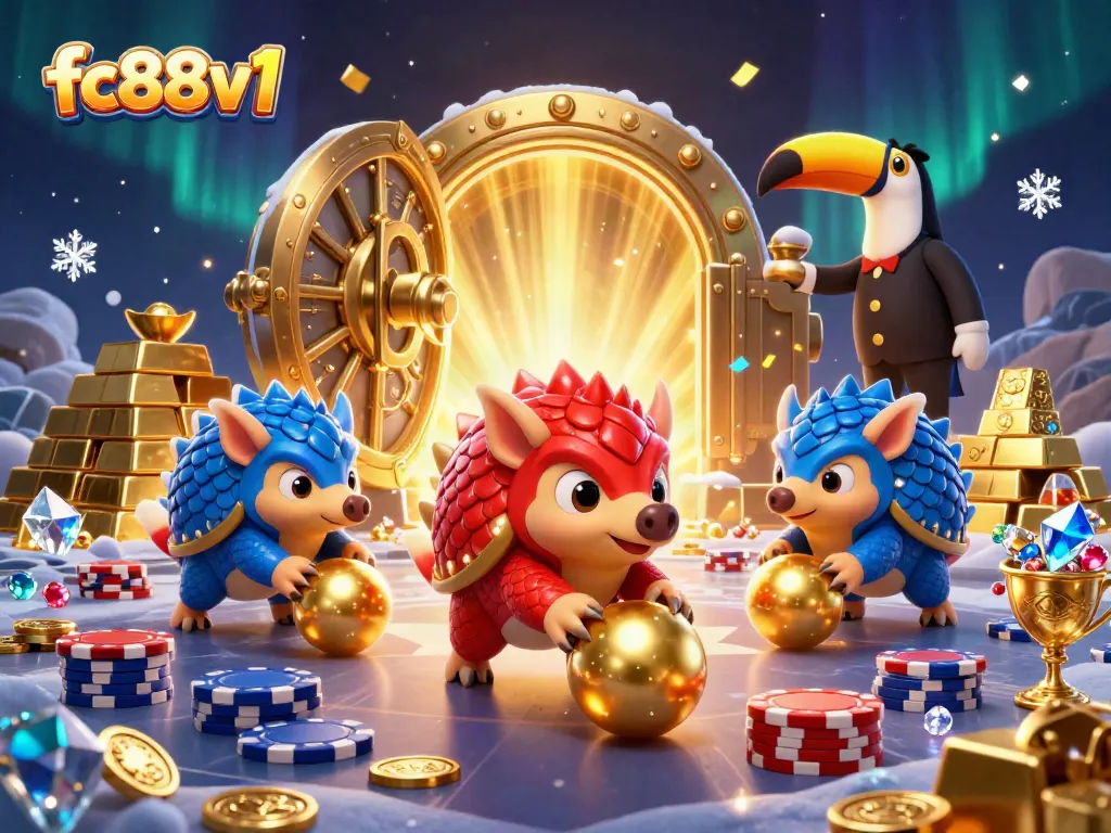 Rival pangolins compete in a dynamic casino-themed scene at fc88v1, with treasure and poker chips.