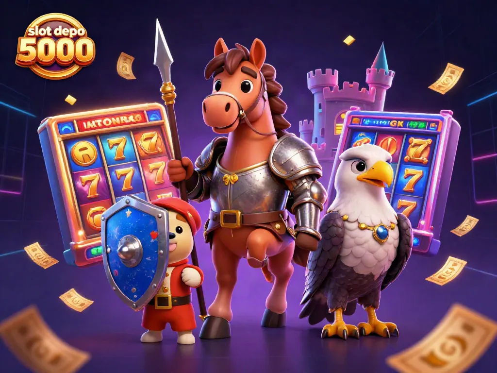 Join the excitement with our "slot depo 5000" 3D illustration showcasing a knight, puppy, and falcon amidst vibrant casino elements.