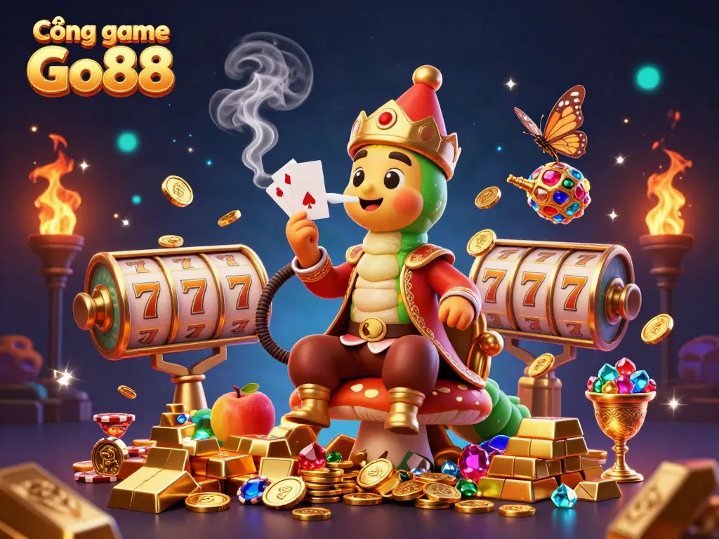 Cổng game Go88 immersive scene depicting a caterpillar hookah-master amidst vibrant casino elements, enhancing player excitement.