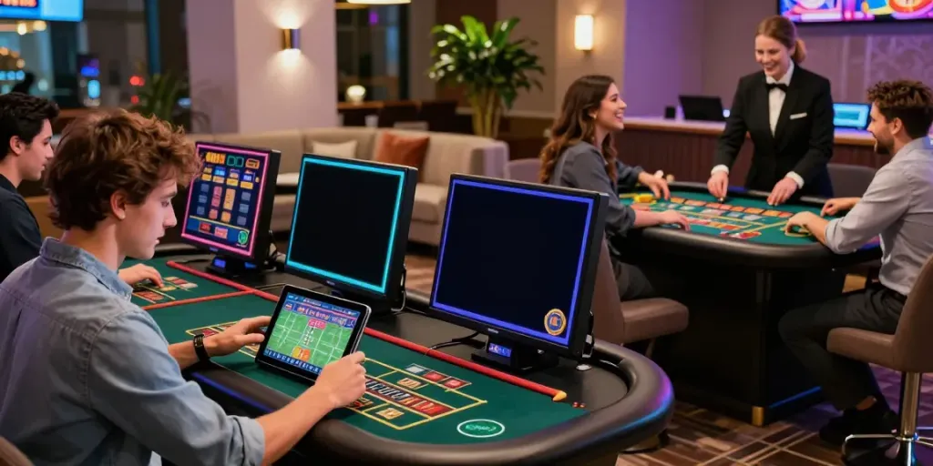 Exciting dynamic online gambling experience at https://uk88win.org/ featuring players enjoying casino games in a vibrant lounge.