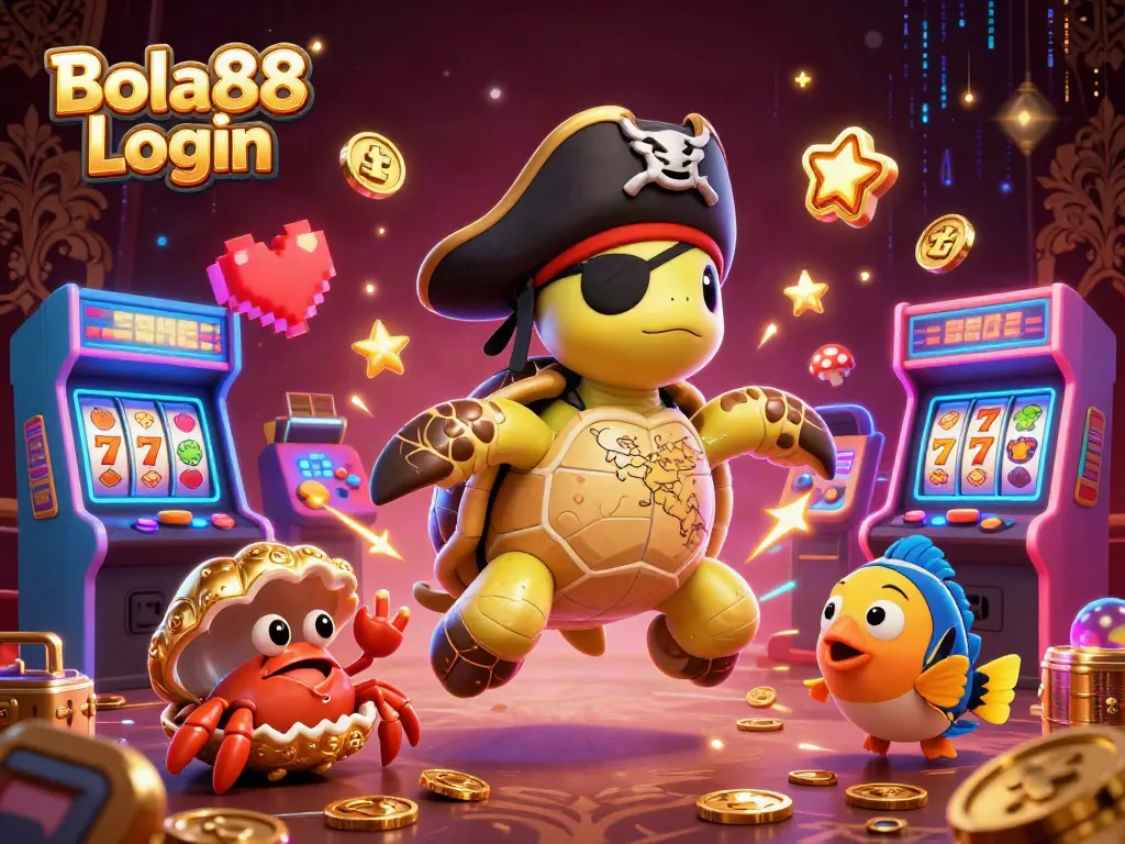 Bola88 Login illustration showcasing a pirate turtle and vibrant casino elements, inviting players to engage.