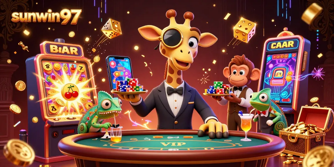 Play exciting casino games at sunwin 97, where high-roller giraffes and a chameleon bartender create a lively scene.
