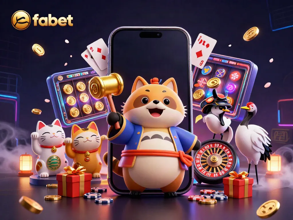 Engaging scene featuring fabet characters celebrating casino wins with vibrant game elements and festive atmosphere.